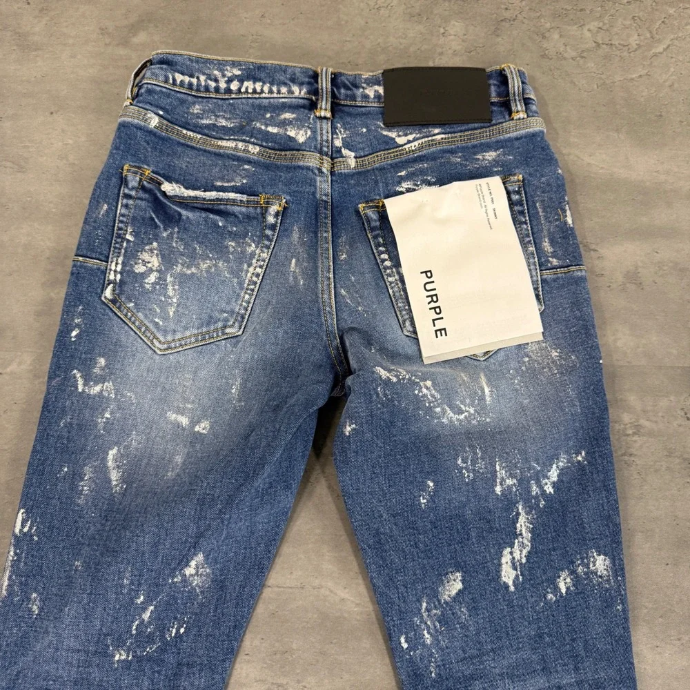 Purple Brand P001 Skinny Jeans Mens 28 Blue Metallic Paint Splatter Distressed